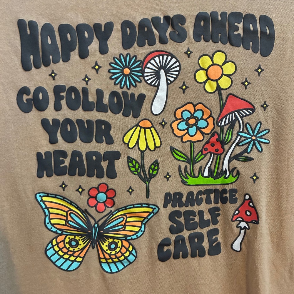 Rue21 Tshirt Cream Mushrooms Butterflies Daisies Positive Message Happy Size XL - Picture 5 of 7